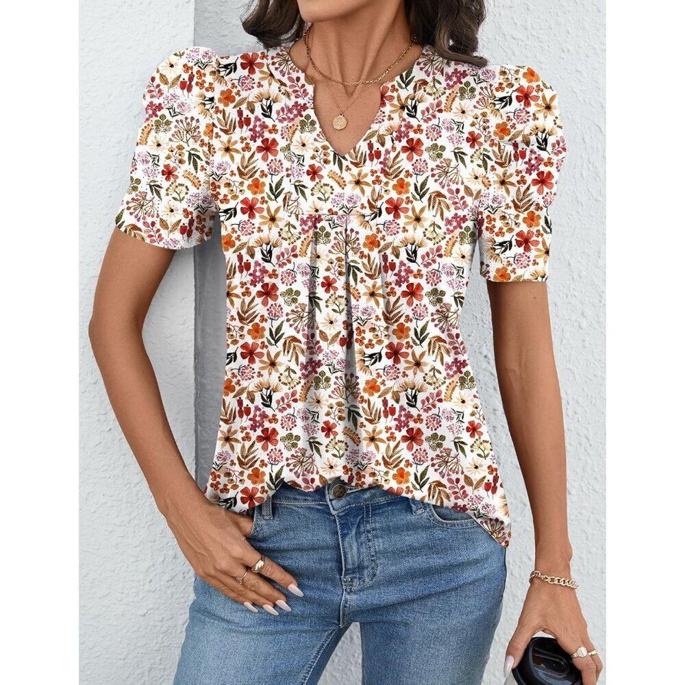 Women’s Puff Sleeve V Neck Summer Top Casual Blouse Light & Flowy - Picture 3 of 6